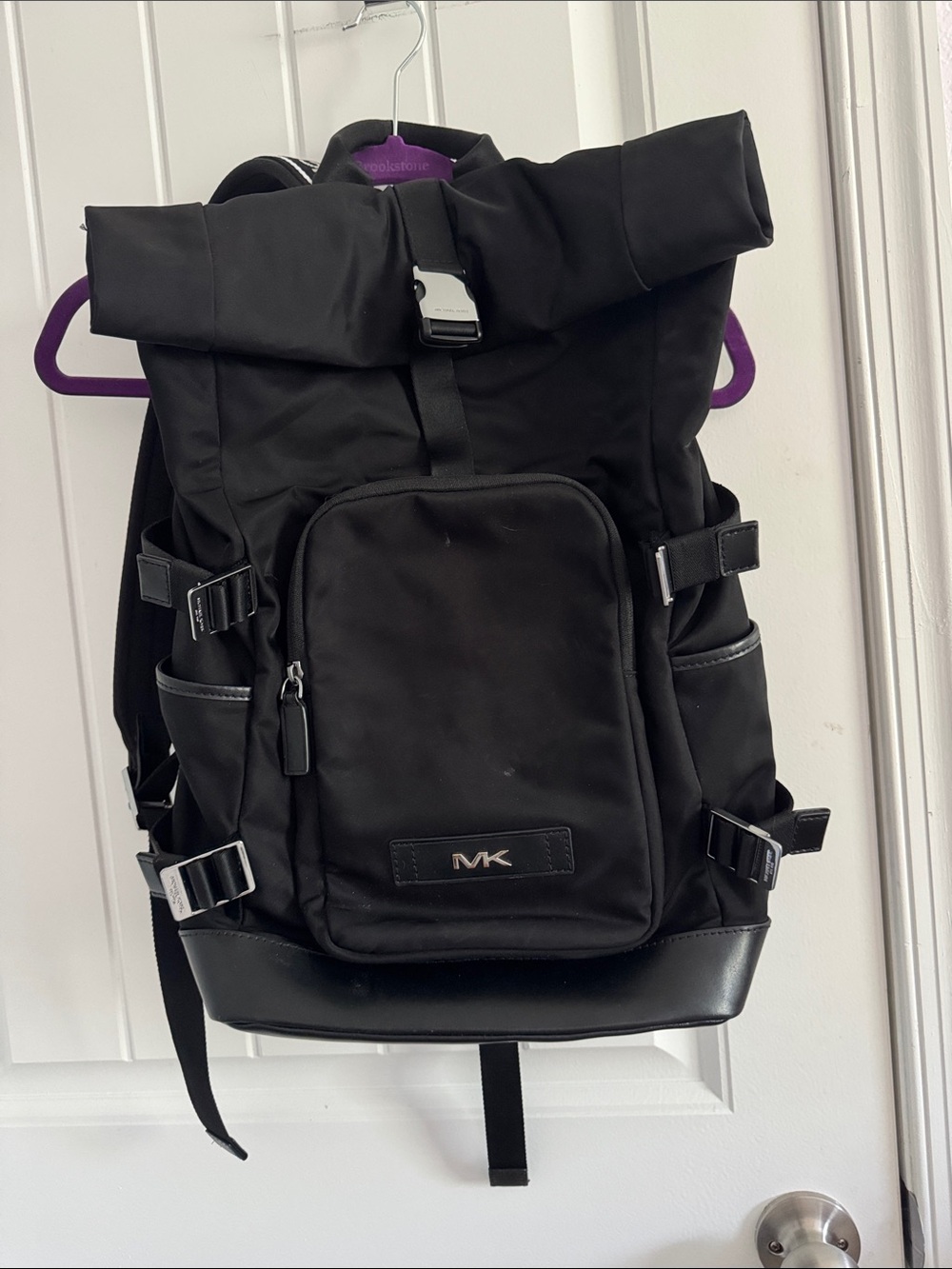 Michael Kors Black Roll-Top Nylon Backpack with Leather Trim